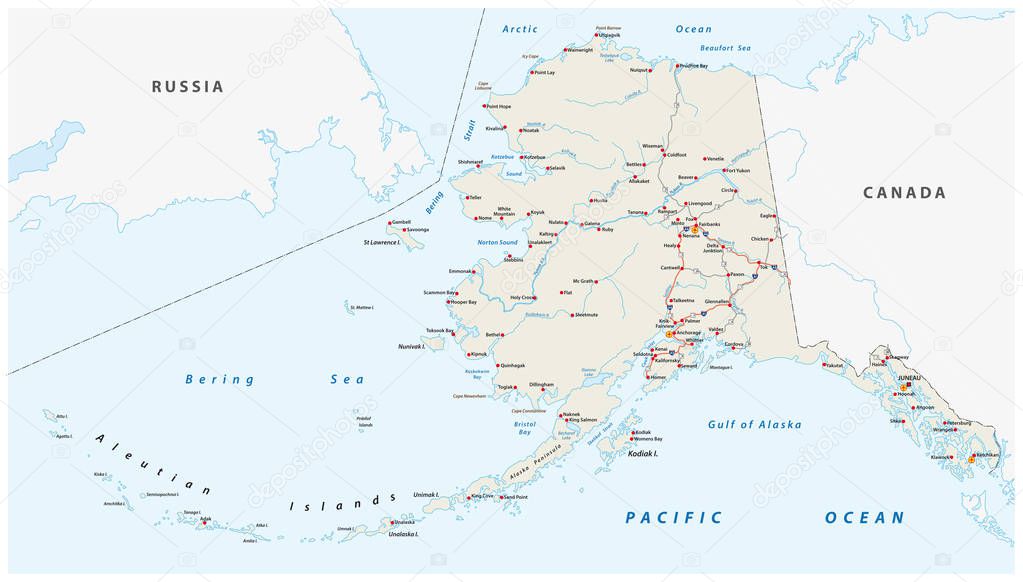 Vector road map of the North American state of Alaska, United States of America