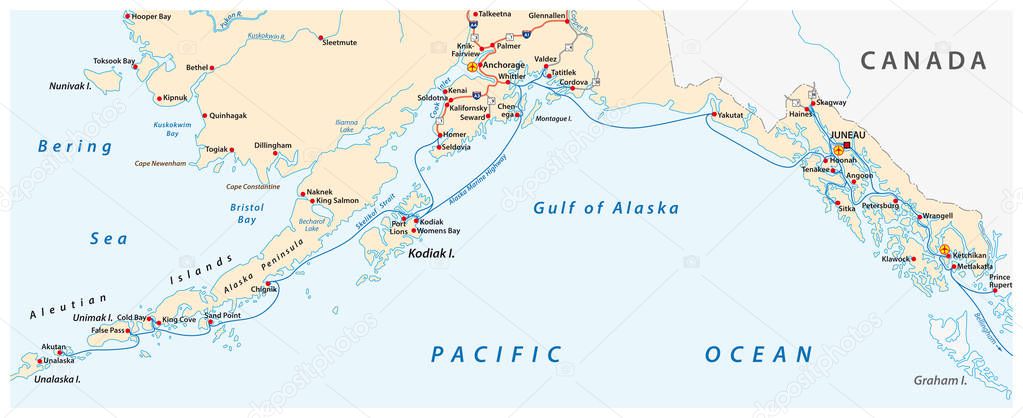 Map of the Alaska Marine Highway System, ferry, United States