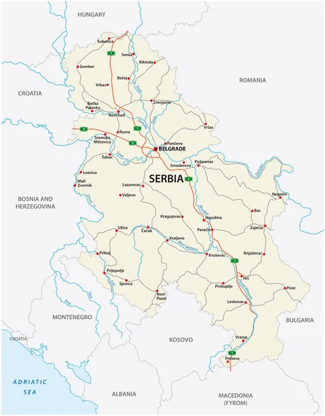 Detaillierte Serbien Straßenkarte Mit Beschriftung — Stockvektor