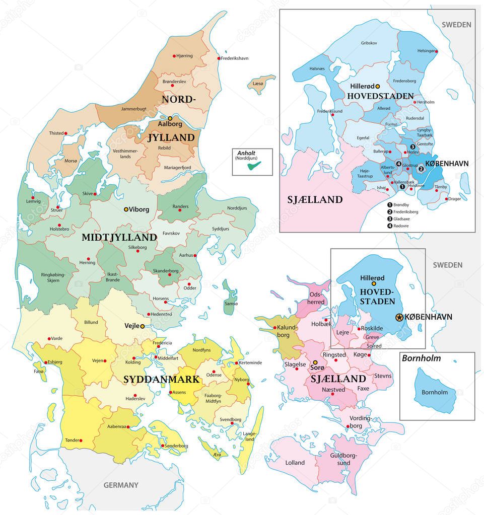 Administrative and political vector outline map of the Kingdom of Denmark