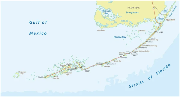 Detaild Florida Sleutels Weg Reizen Vector Kaart — Stockvector