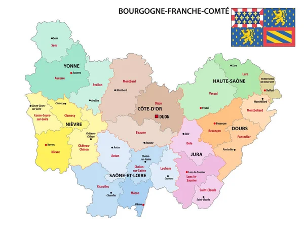 Mappa Amministrativa Della Nuova Regione Francese Bourgogne Franche Comte — Vettoriale Stock