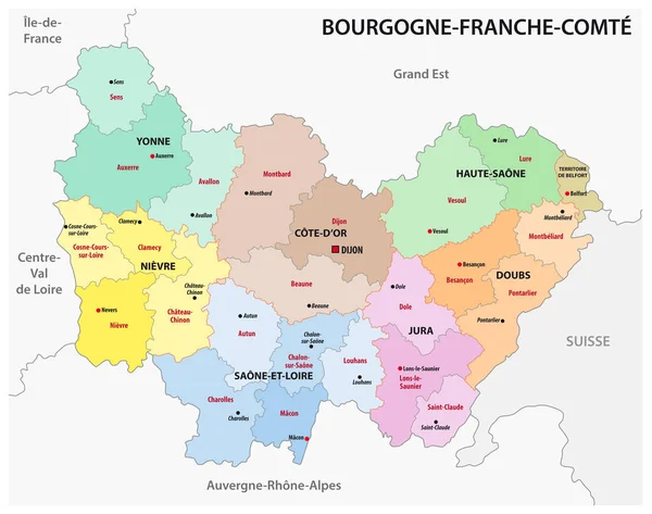 Mapa Administrativo Nova Região Francesa Bourgogne Franche Comte — Vetor de Stock