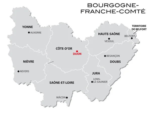 Mapa Administrativo Cinza Simples Nova Região Francesa Bourgogne Franche Comte — Vetor de Stock