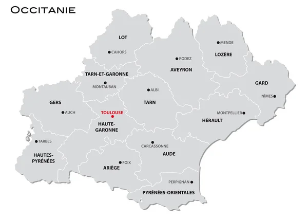 Mapa Administrativo Gris Simple Nueva Región Francesa Occitanie — Vector de stock