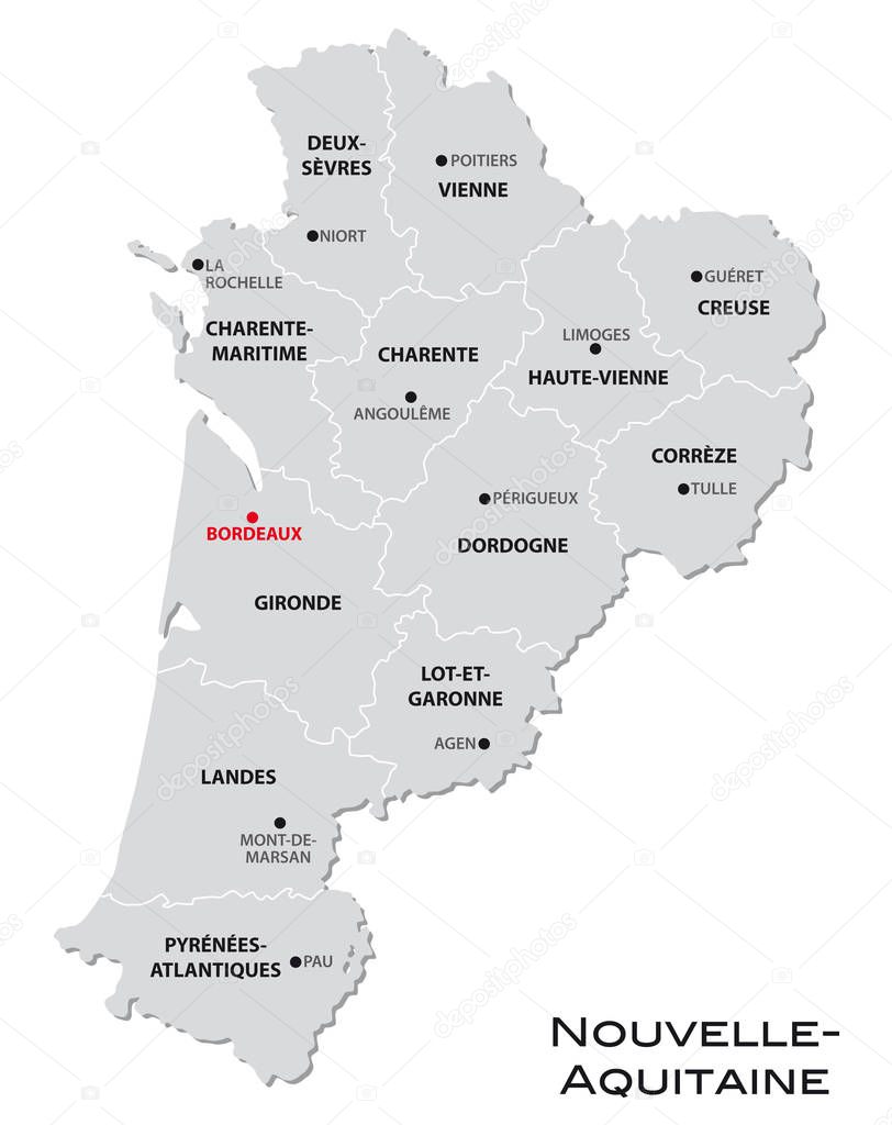 simple gray administrative map of the new french region Nouvelle-Aquitaine