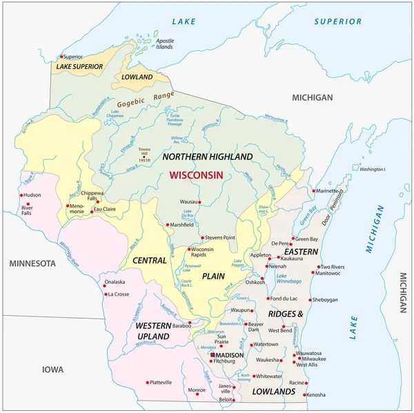 Zeměpisné Vektorová Mapa Amerického Státu Wisconsin — Stockový vektor