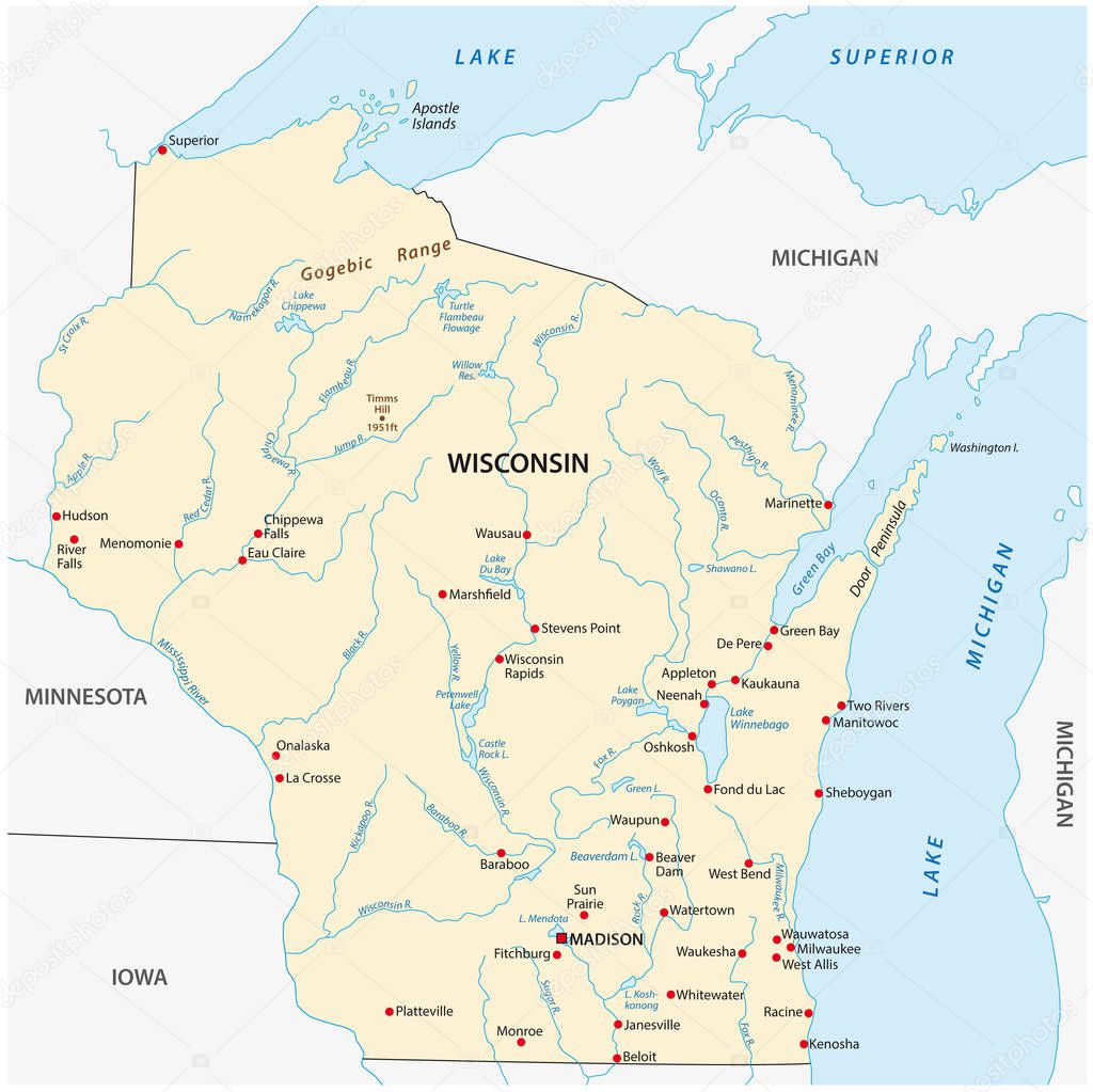 Vector Map of the U.S. state of Wisconsin