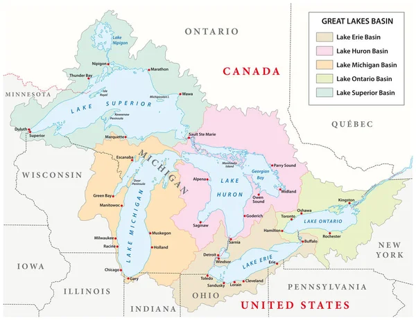 Peta Vektor Dari Great Lakes Basin - Stok Vektor