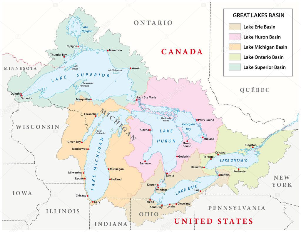 vector map of the Great Lakes Basin