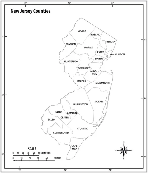 Nuevo Estado Jersey Esbozar Mapa Vectorial Administrativo Político Blanco Negro — Vector de stock