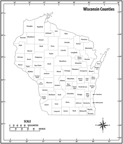 ウィスコンシン州は黒と白で行政と政治のベクトルマップを概説します — ストックベクタ