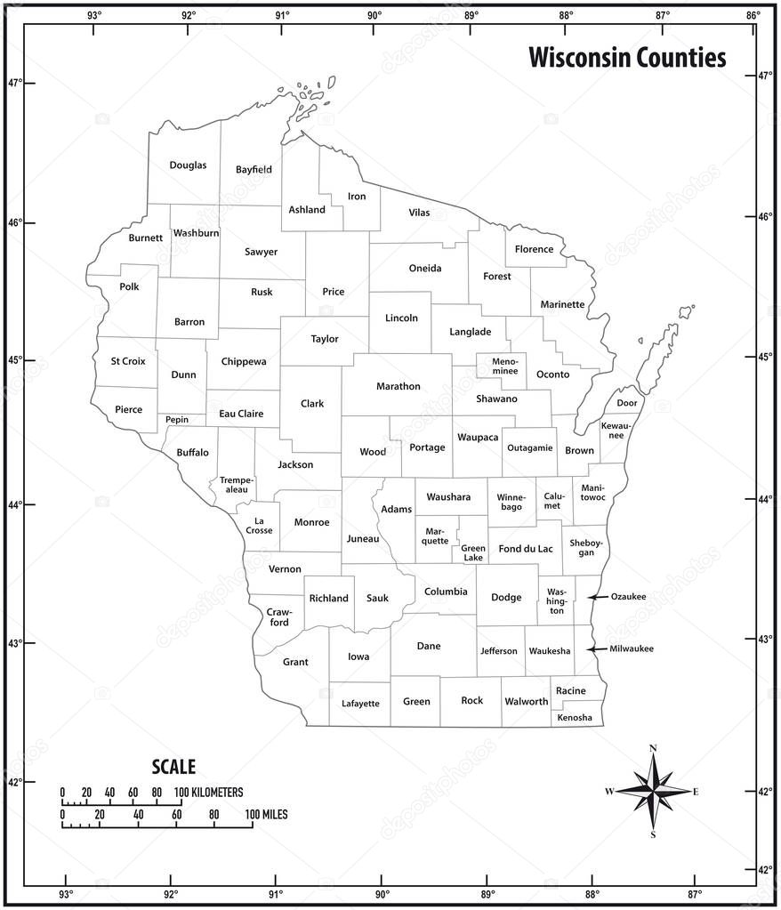 wisconsin state outline administrative and political vector map in black and white