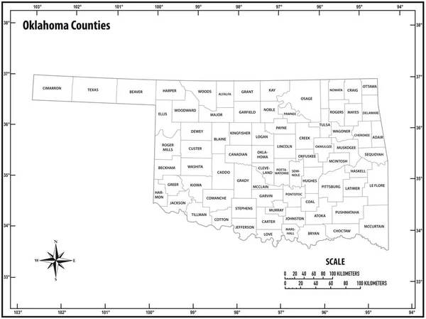 Oklahoma Estado Esboço Administrativo Político Mapa Vetorial Preto Branco — Vetor de Stock