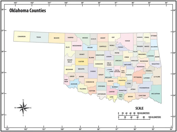 Oklahoma Eyaleti Idari Siyasi Vektör Haritasını Renkli Olarak Çizdi — Stok Vektör