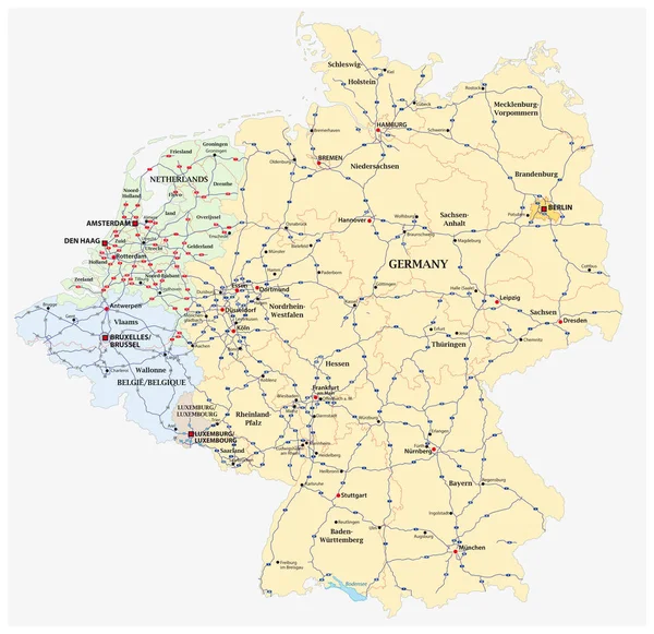 Mapa Vetorial Auto Estrada Alemanha Dos Estados Benelux — Vetor de Stock