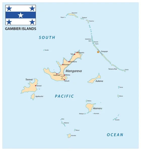 Mappa Vettoriale Isole Gambier Con Bandiera Polinesia Francese — Vettoriale Stock