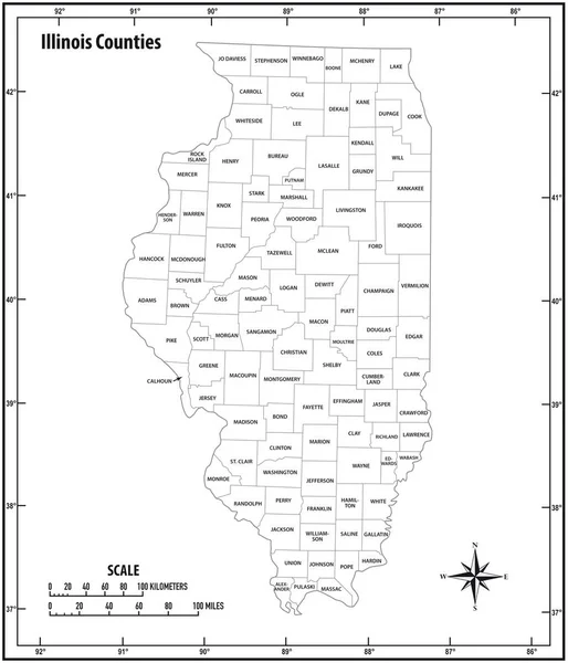 Illinois Státní Osnovy Administrativních Politických Vektorová Mapa Černé Bílé — Stockový vektor