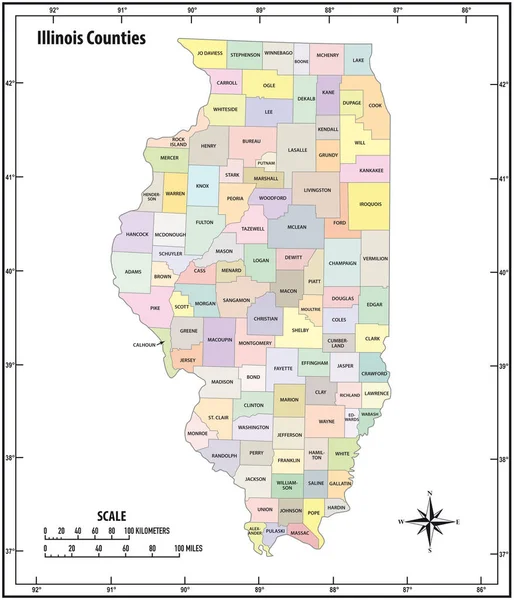 Estado Illinois Esbozar Mapa Vectorial Administrativo Político Color — Vector de stock