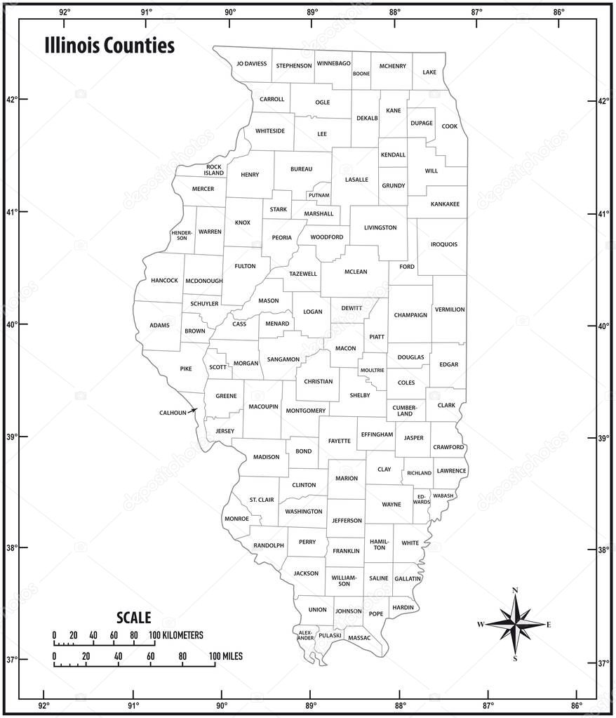 Illinois state outline administrative and political vector map in black and white