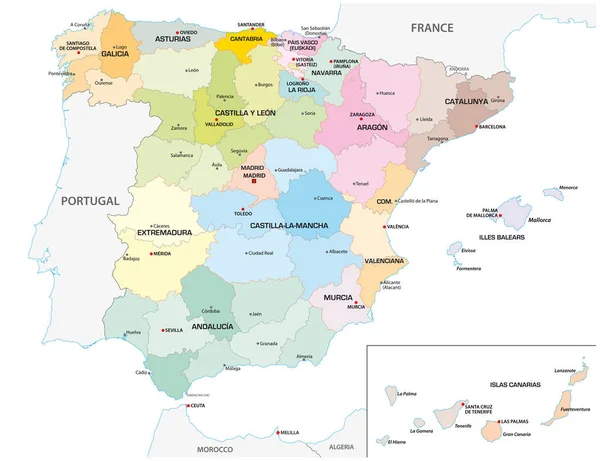 Kolorowe Administracyjnych Politycznych Wektor Mapa Hiszpańskich Prowincji Regionów — Wektor stockowy