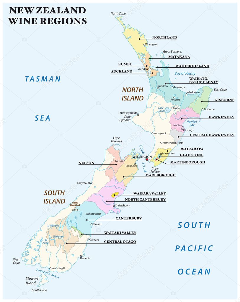 vector map with the most important wine regions of New Zealand