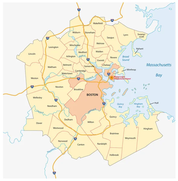 Mapa Vectorial Región Metropolitana Boston Massachusetts Estados Unidos — Archivo Imágenes Vectoriales