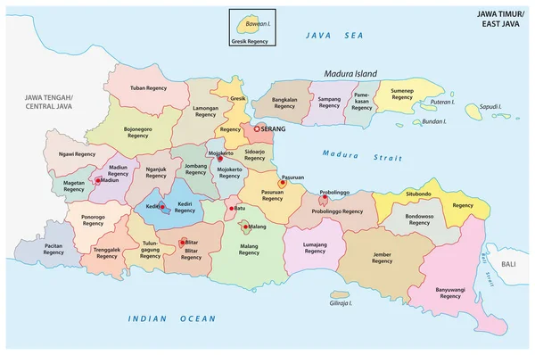 Jawa Timur Mapa Vetorial Administrativo Político Java Oriental Indonésia —  Vetores de Stock