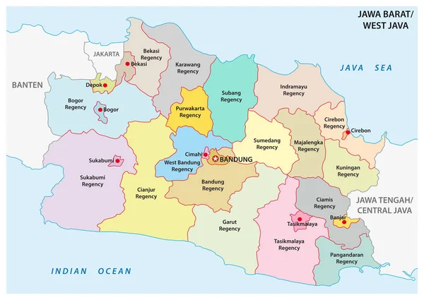 Jawa Barat West Java Administrativní Politické Vektorové Mapy Indonésie — Stockový vektor
