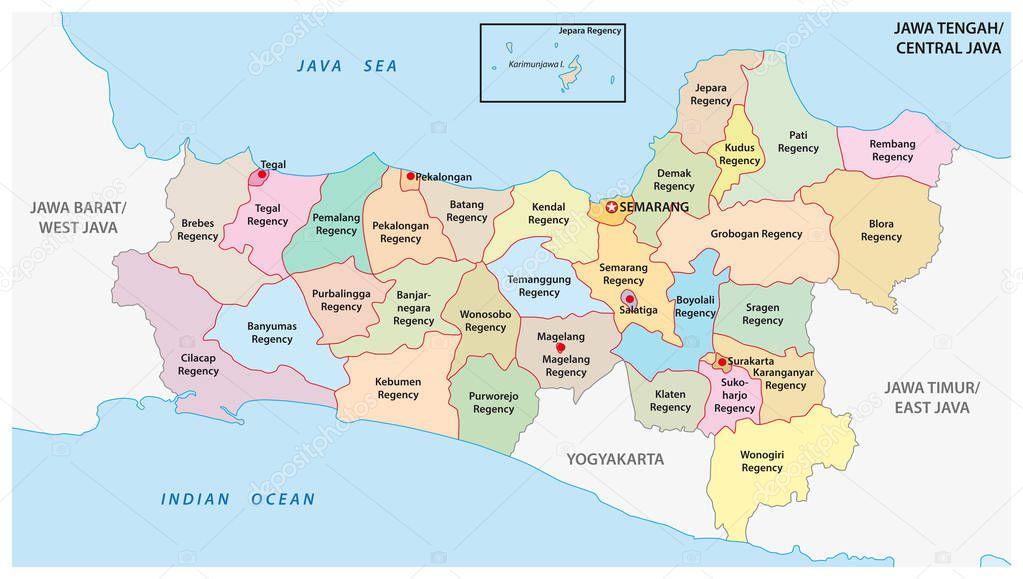 Jawa Tengah, Central Java administrative and political vector map, Indonesia