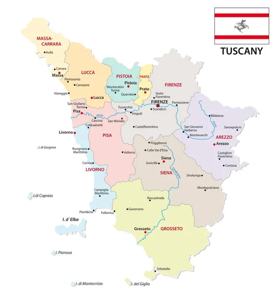 Cartina Amministrativa Politica Toscana Con Bandiera — Vettoriale Stock