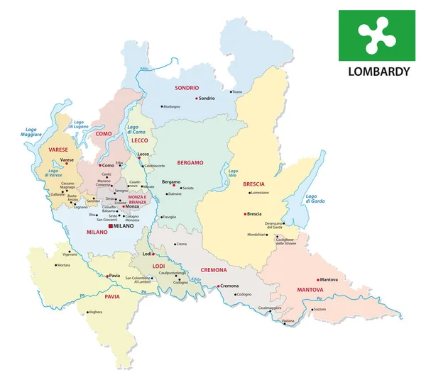 Lombardía Mapa Administrativo Político Con Bandera — Vector de stock