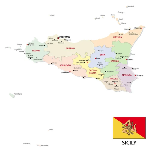 Cartina Amministrativa Politica Sicilia Con Bandiera — Vettoriale Stock