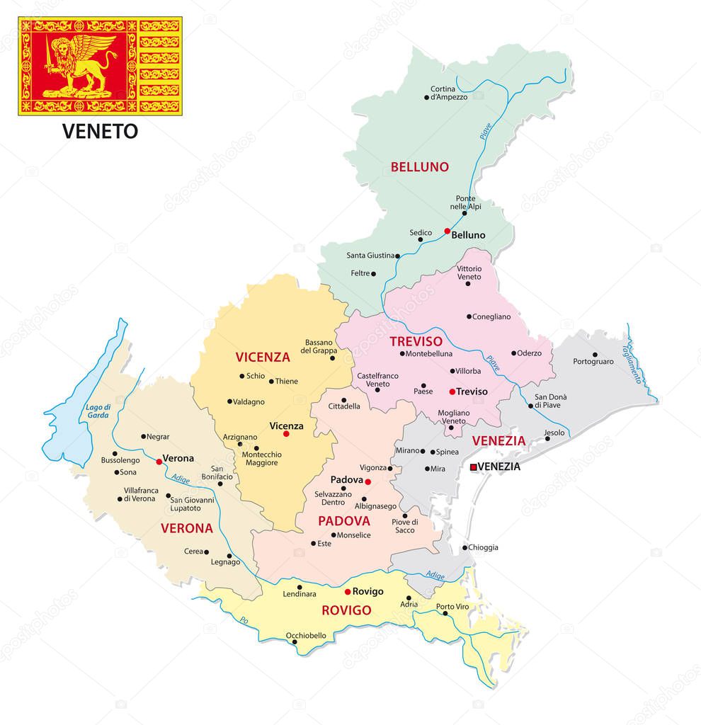 veneto administrative and political map with flag