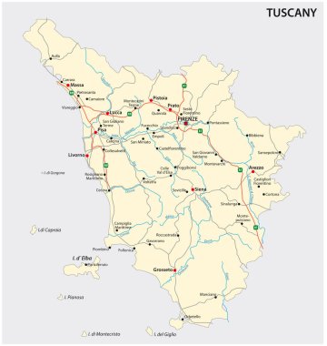 İtalya 'nın Toskana bölgesinin yol vektör haritası