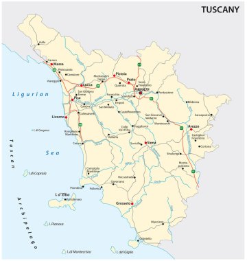 İtalya 'nın Toskana bölgesinin yol vektör haritası