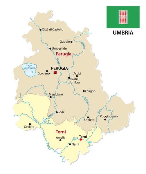 Umbria mapa administrativo e político com bandeira —  Vetores de Stock