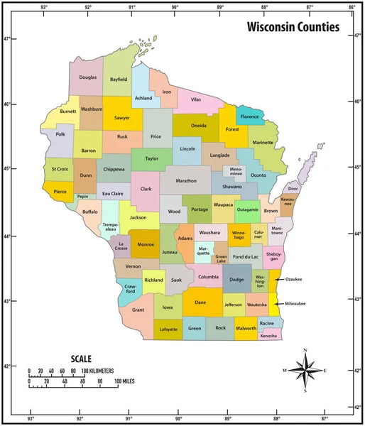 Wisconsin state skizzieren administrative und politische Vektorkarte — Stockvektor