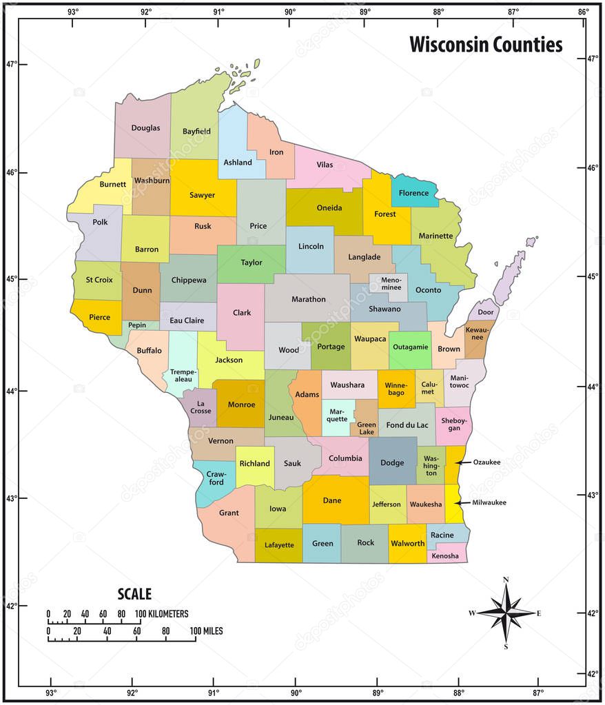 wisconsin state outline administrative and political vector map 
