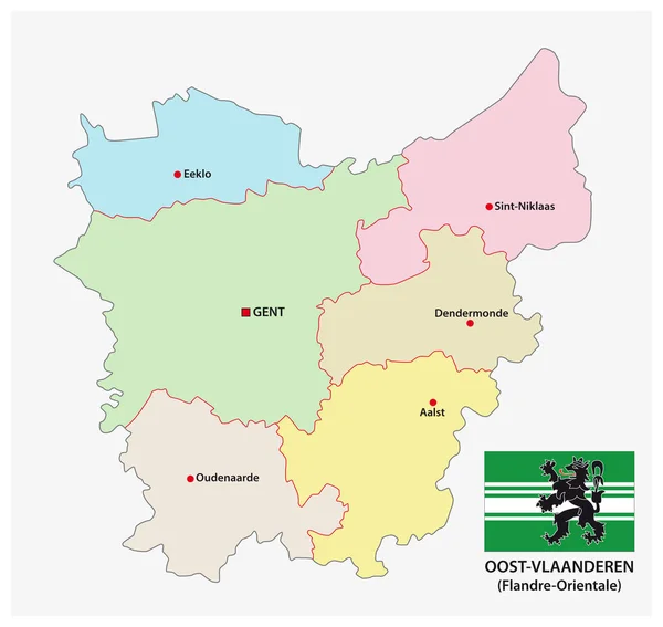 Mappa vettoriale amministrativa e politica della provincia belga Fiandre orientali con bandiera — Vettoriale Stock