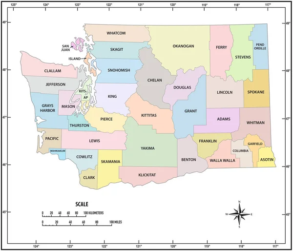 Washington Stato schema amministrativo e politico mappa vettoriale — Vettoriale Stock