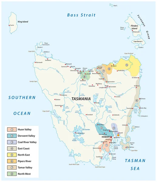 Regiões vinícolas da tasmânia e mapa vetorial das vinhas —  Vetores de Stock