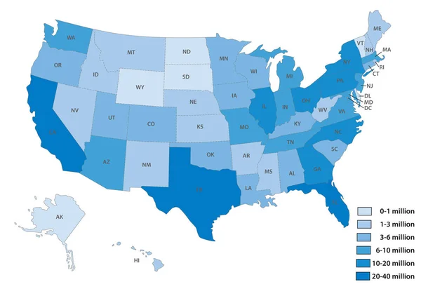 Yhdysvaltain kartta väkiluvun mukaan — vektorikuva