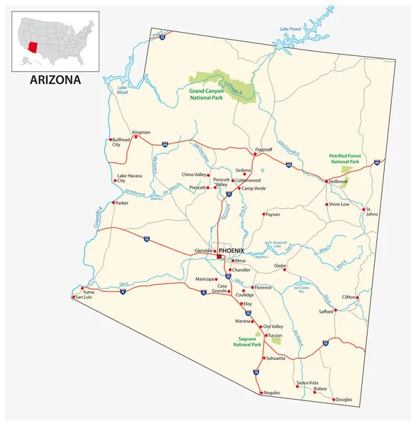 Harta rutieră a statului american Arizona — Vector de stoc