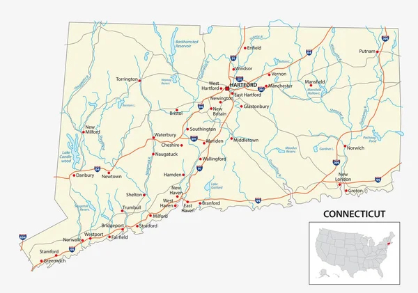 Straßenkarte des US-amerikanischen Bundesstaates Connecticut — Stockvektor