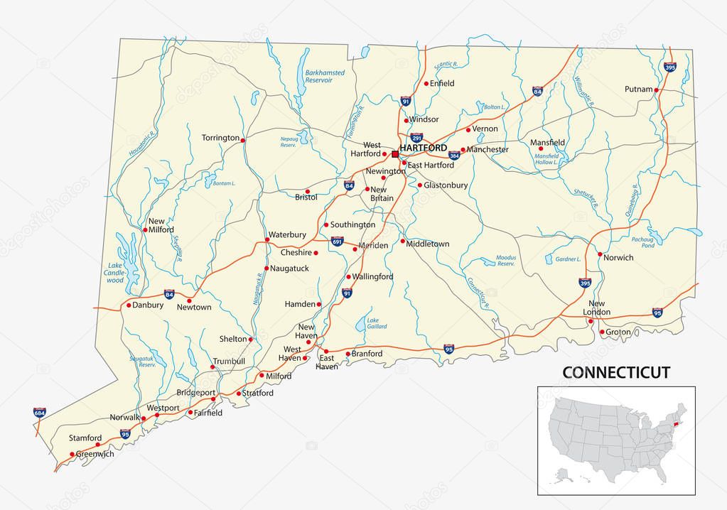 road map of the US American State of Connecticut