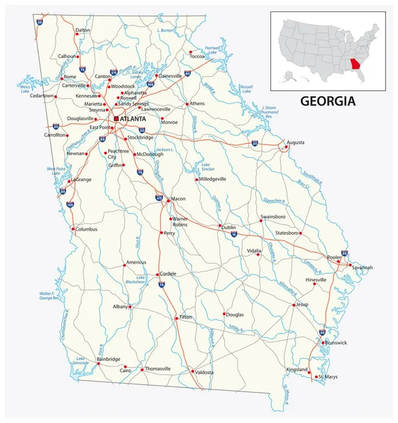 Straßenkarte des US-amerikanischen Bundesstaates Georgia — Stockvektor
