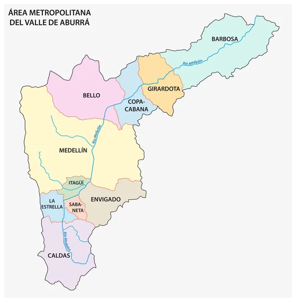 Aburra山谷哥伦比亚都市地区的行政和政治地图 — 图库矢量图片