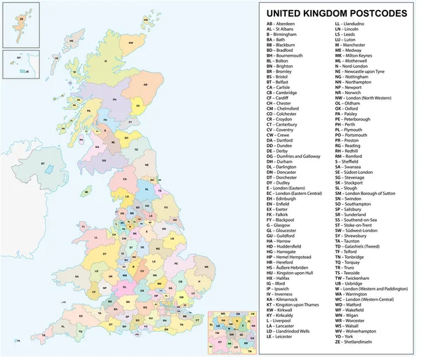 Reino Unido Códigos postales o códigos postales mapa vectorial — Vector de stock