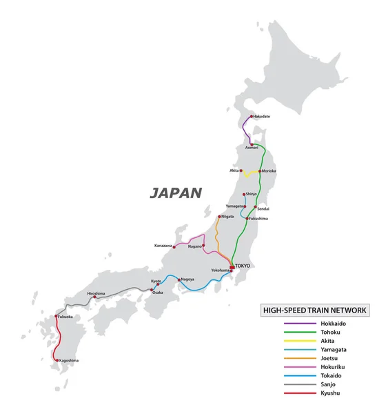 แผนที่ของเครือข่ายรถไฟความเร็วสูงในญี่ปุ่น — ภาพเวกเตอร์สต็อก